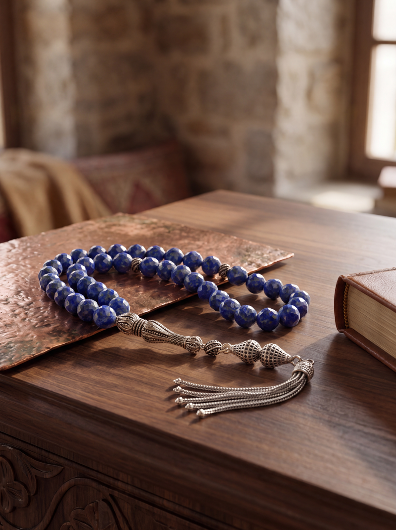 Lapis Lazuli Doğal Taş 925 Ayar Gümüş Püsküllü Tesbih 8 mm Faset Kesim