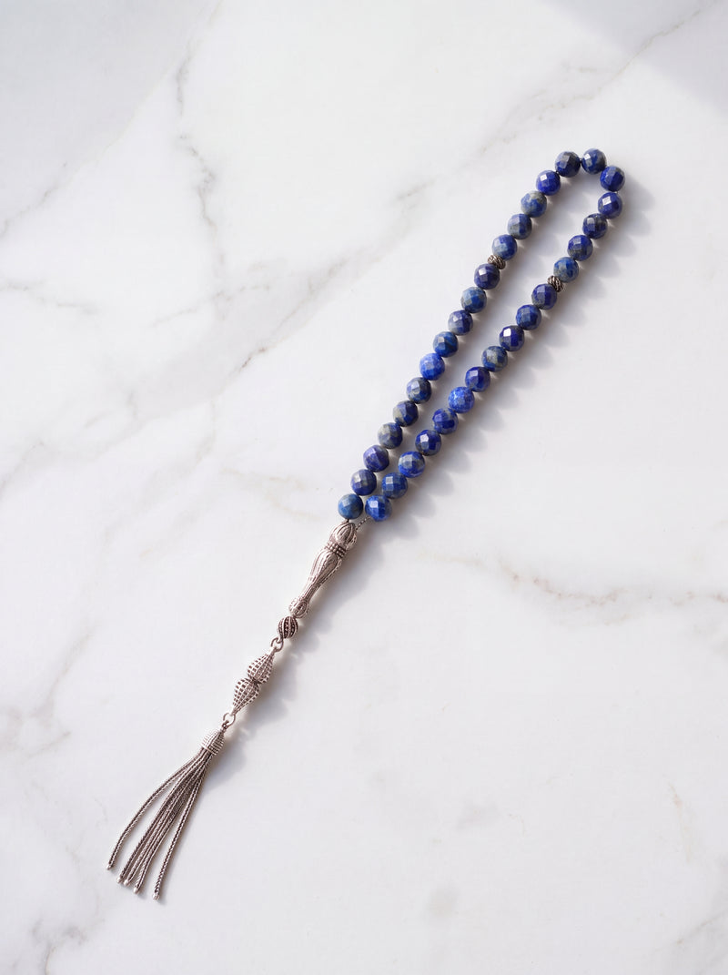 Lapis Lazuli Doğal Taş 925 Ayar Gümüş Püsküllü Tesbih 8 mm Faset Kesim