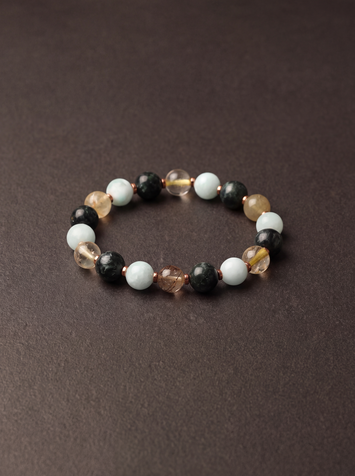 Altın Rutilli Kuvars - Serpantin - Larimar - Hematit Doğal Taş Bileklik 8 mm
