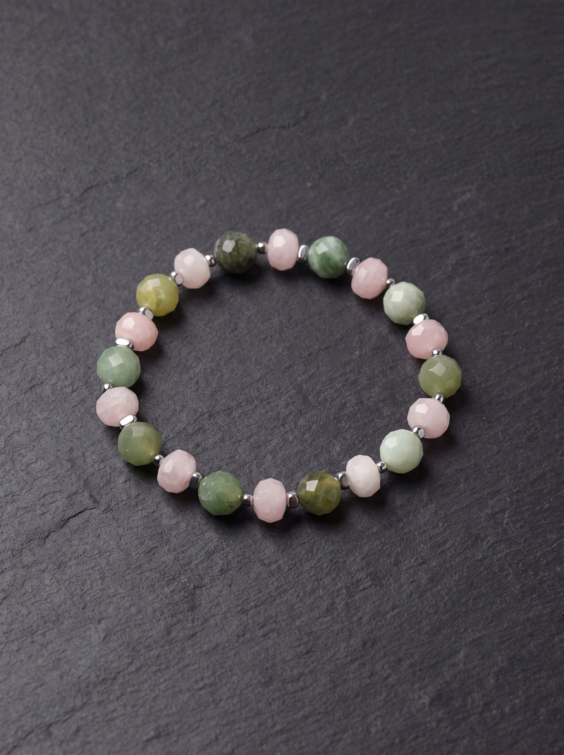 Pembe Kuvars - Aventurin - Hematit Doğal Taş Bileklik Faset Kesim 8 mm