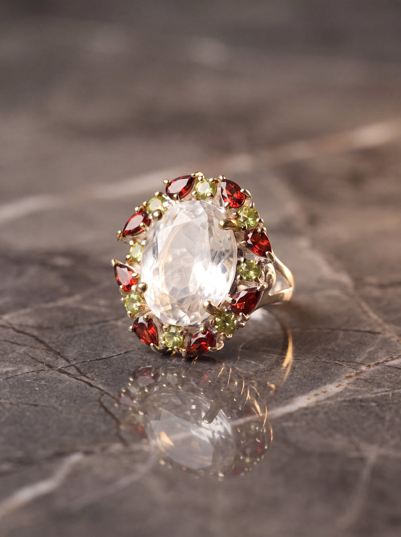 Kristal Kuvars - Garnet - Zebercet Doğal Taş 925 Ayar Gümüş Özel Tasarım Yüzük