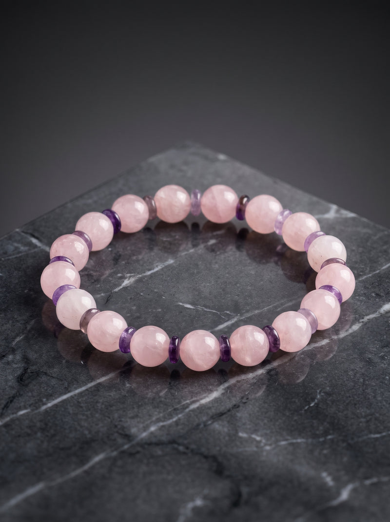 Pembe Kuvars - Ametist Doğal Taş Bileklik (8 mm)