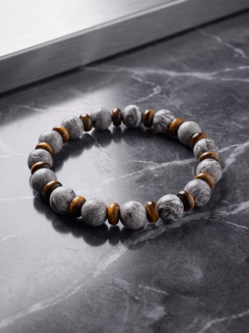 Gri Jasper - Kaplan Gözü Doğal Taş Bileklik (10 mm)