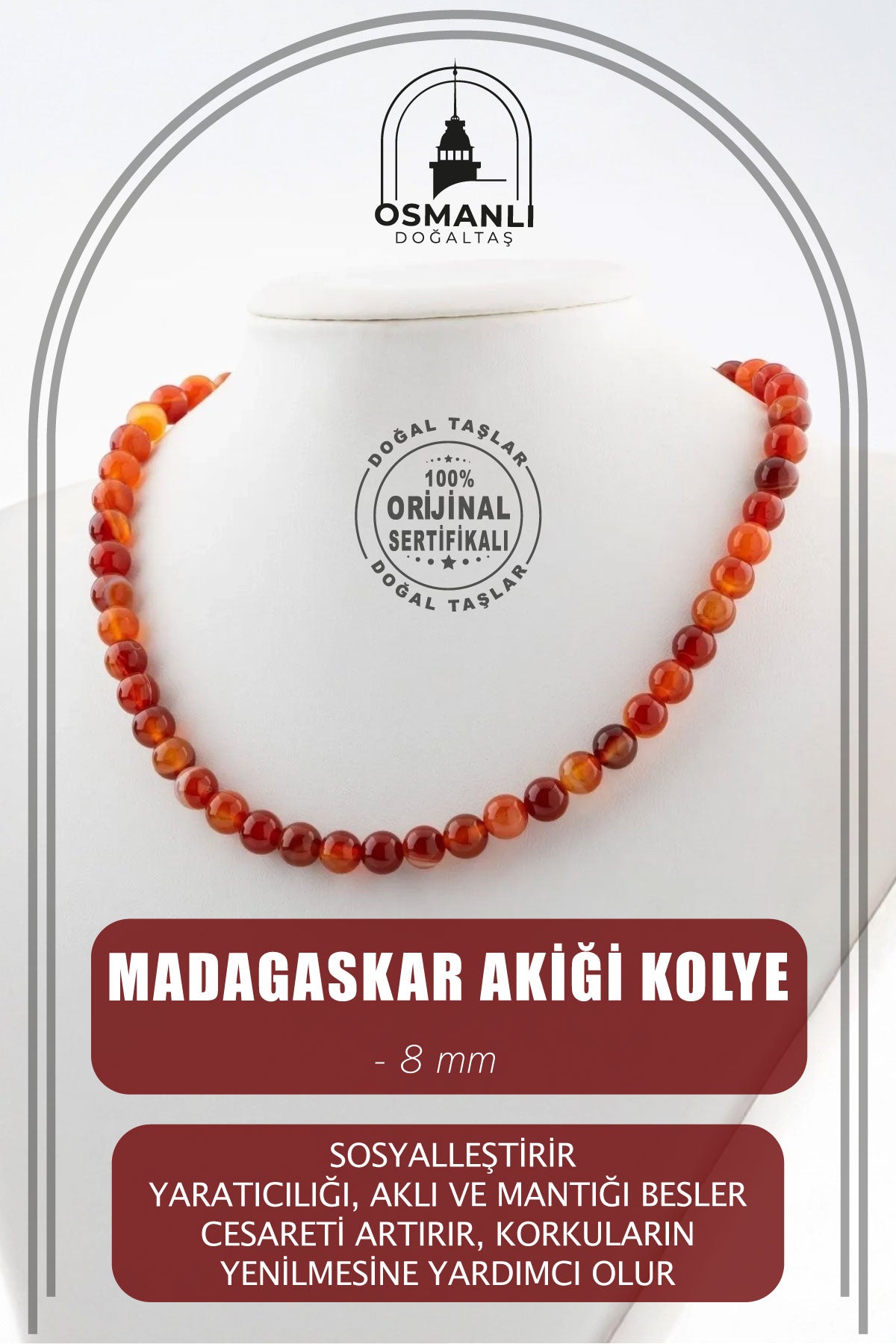 Madagaskar Akiği 8 mm Dizi Doğal Taş Kolye