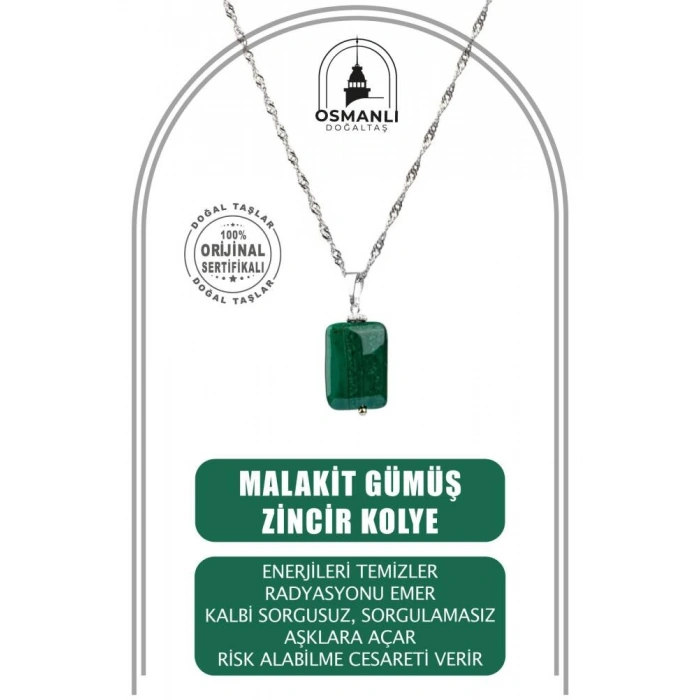 Malakit Doğal Taş Gümüş Zincir Kolye