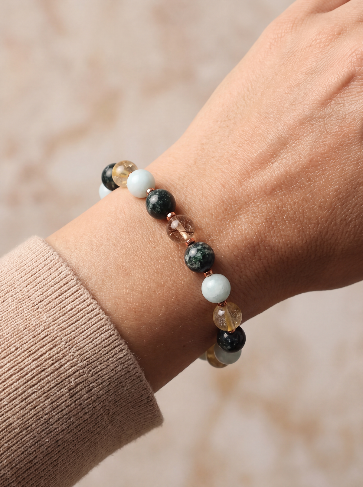 Altın Rutilli Kuvars - Serpantin - Larimar - Hematit Doğal Taş Bileklik 8 mm