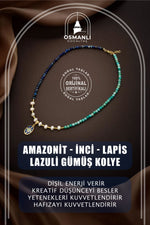 Mozaik Lapis Lazuli Taşlı-Amazonit-İnci Doğal Taş Gümüş Tasarım Kolye - 54cm