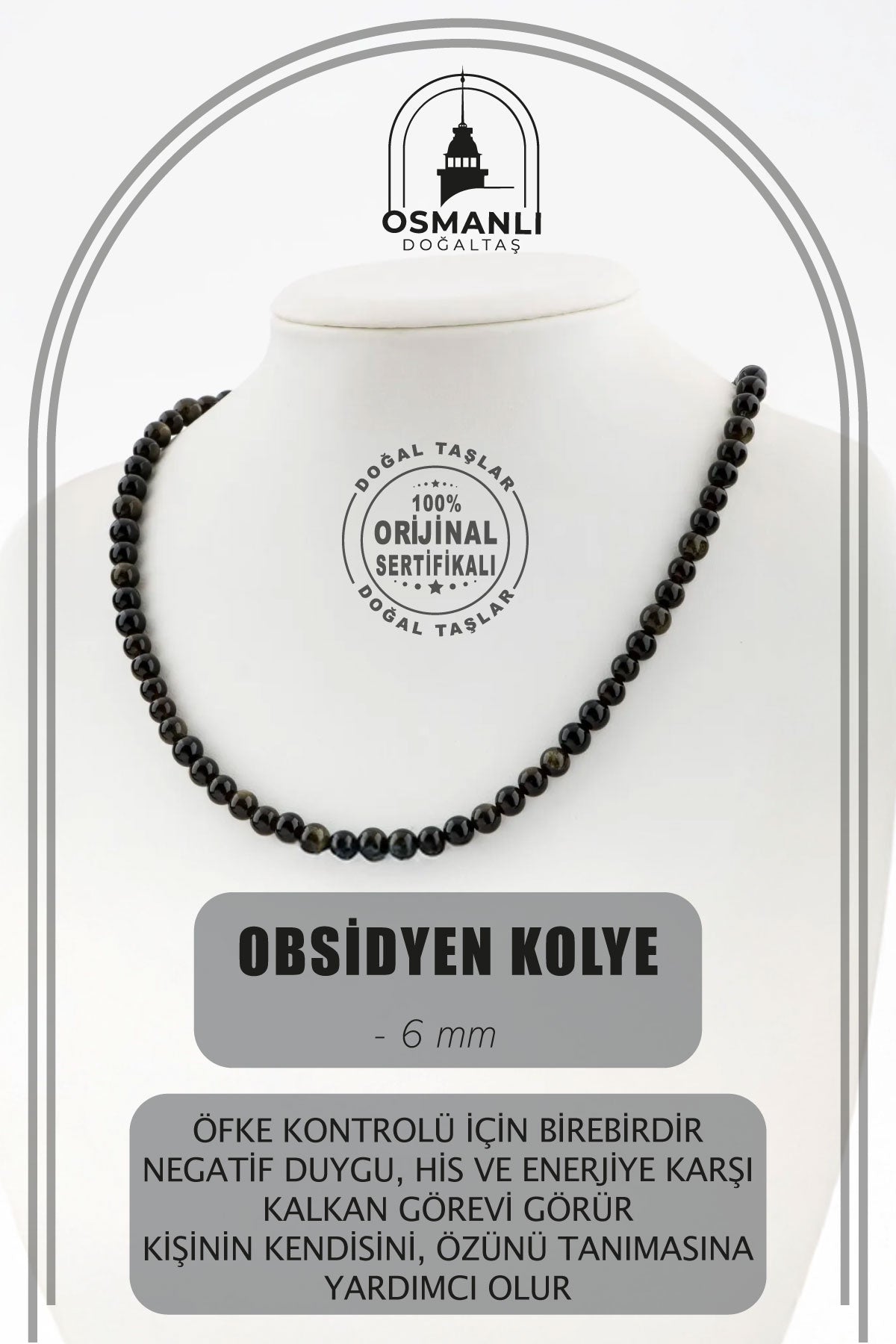 Obsidyen 6 mm Dizi Doğal Taş Kolye