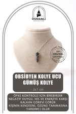 Obsidyen Doğal Taş Kolye Ucu 3x1 cm, Gümüş Zincir