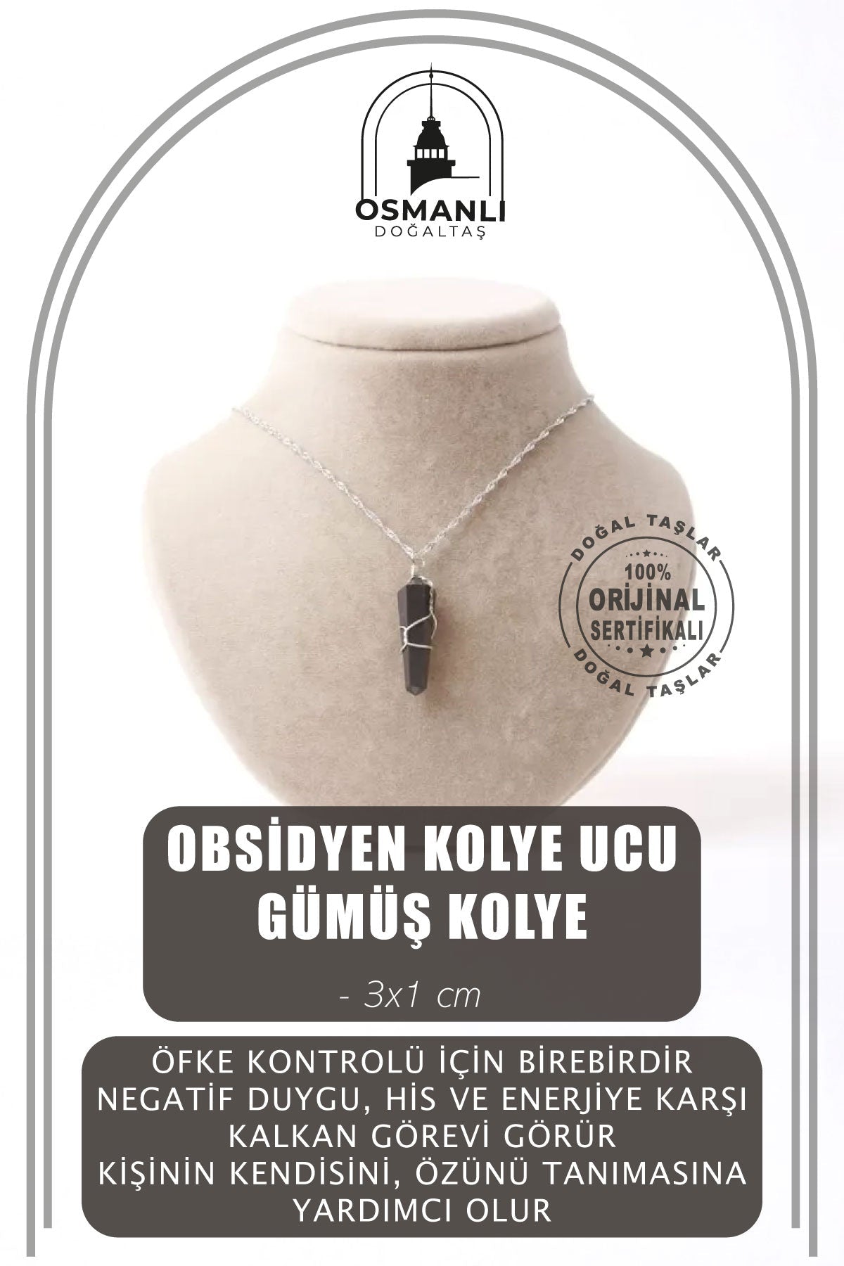 Obsidyen Doğal Taş Kolye Ucu 3x1 cm, Gümüş Zincir