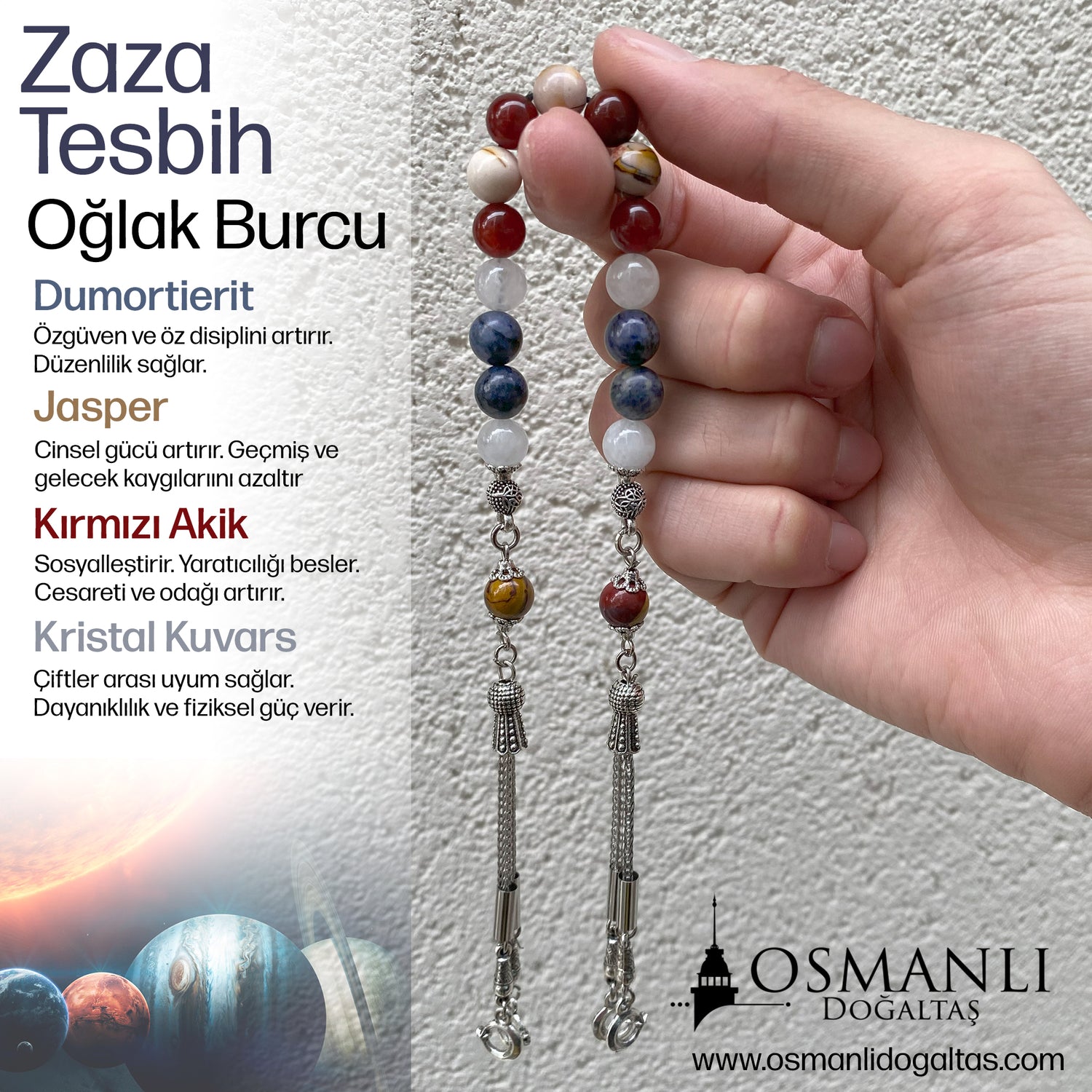 Oğlak Burcu Zaza Tesbih Doğal Taş Dumortierit, Jasper, Kırmızı Akik, Kristal Kuvars