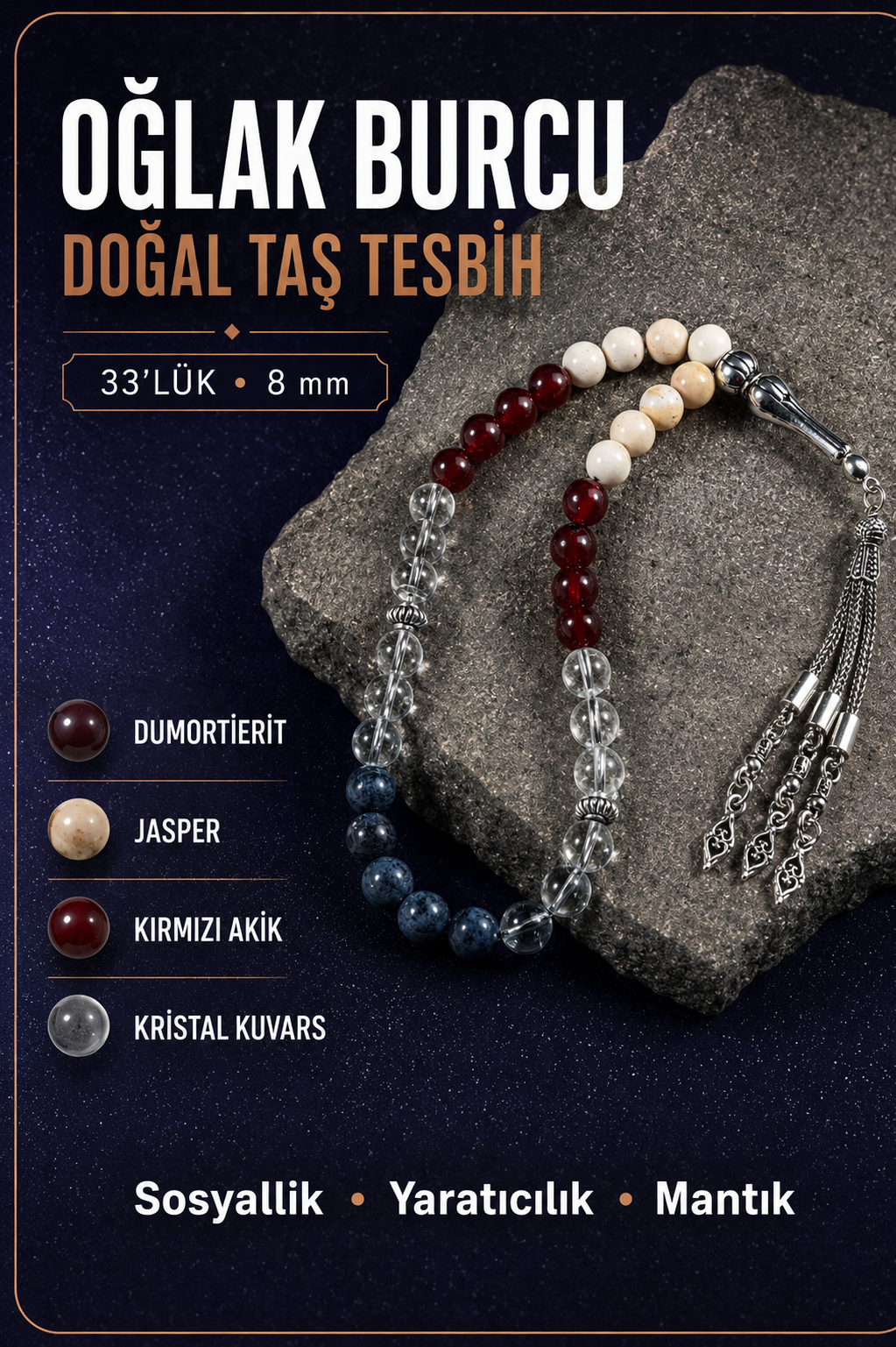 Oğlak Burcu Tesbih Dumortierit, Jasper, Kırmızı Akik, Kristal Kuvars