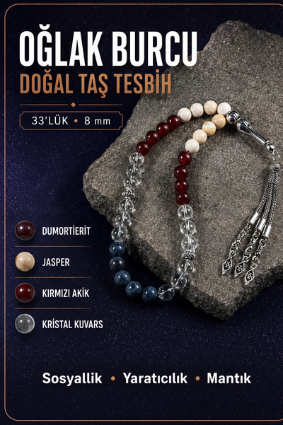Oğlak Burcu Tesbih Dumortierit, Jasper, Kırmızı Akik, Kristal Kuvars