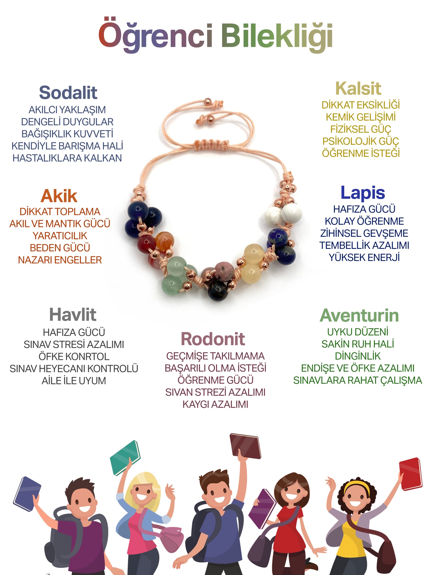 Öğrenci Bilekliği Doğal Taş Merdiven Kapama İpli Model Lapis - Sodalit - Karnelyan Akik - Kalsit - Aventurin - Rodonit -  Havlit