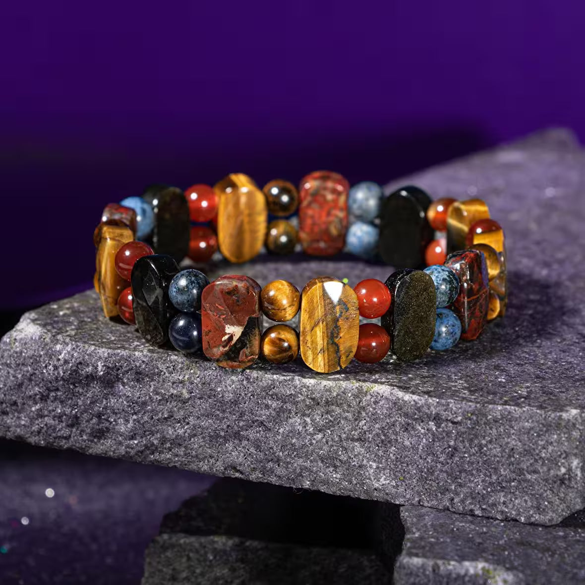 Oğlak Burcu Bileklik Dumanlı Kuvars, Dumortierit, Golden Obsidyen, Jasper, Kaplan Gözü, Kırmızı Akik