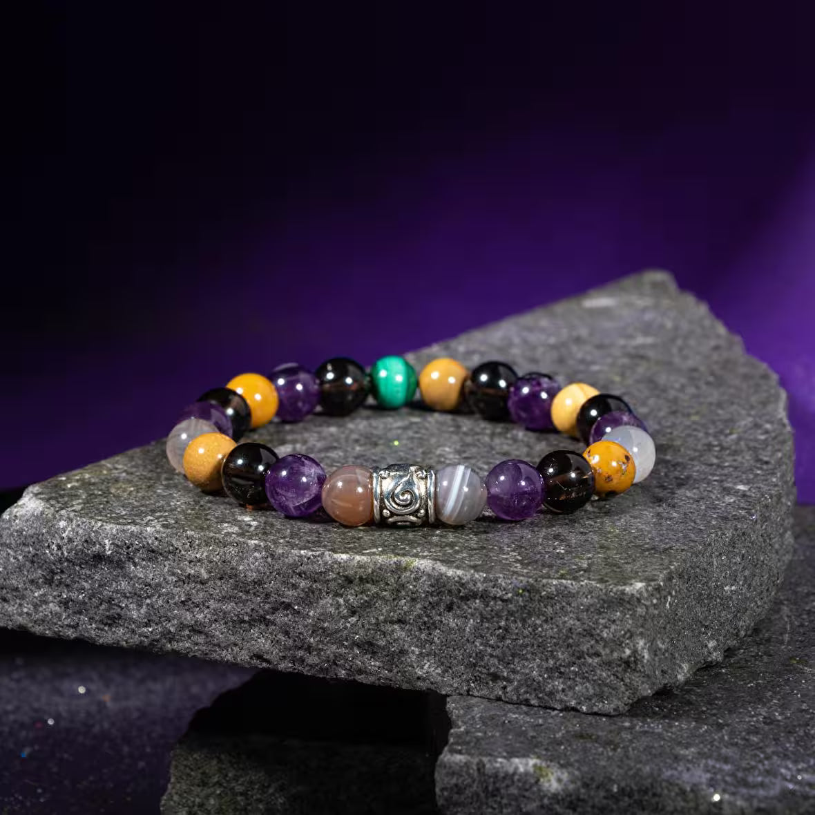 Oğlak Burcu Bileklik Dumanlı Kuvars, Kaplan Gözü, Kırmızı Akik, Pembe Kuvars, Selenit