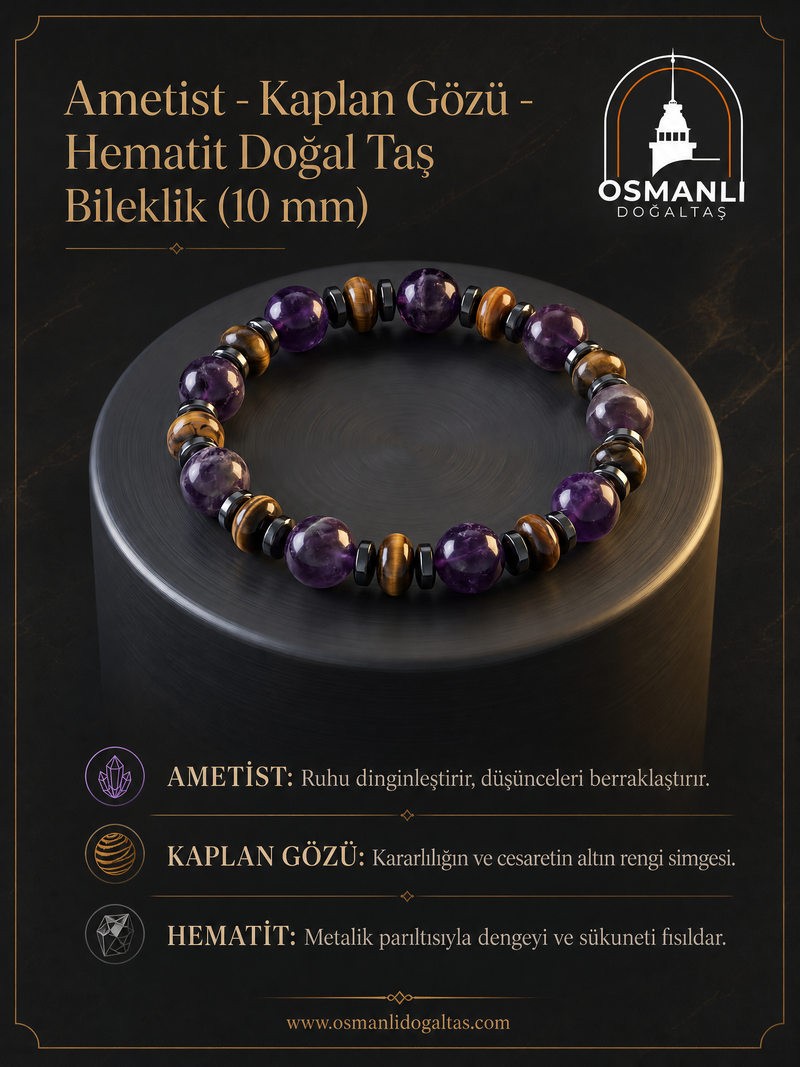 Ametist - Kaplan Gözü - Hematit Doğal Taş Bileklik (10 mm)