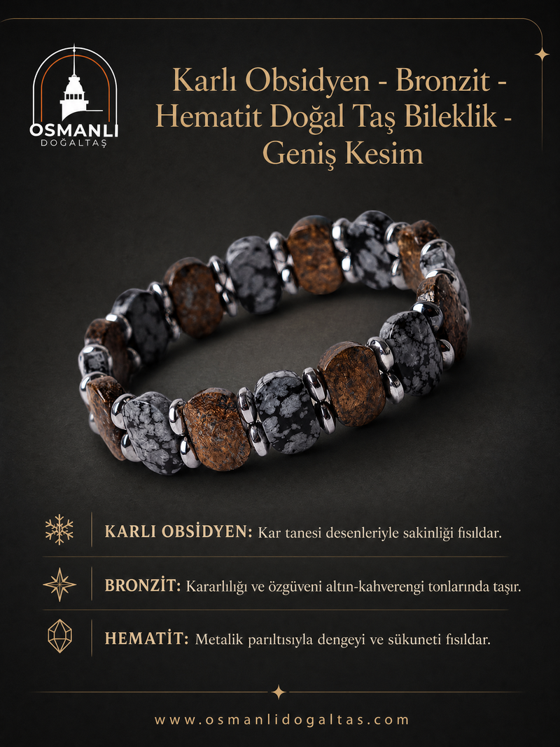 Karlı Obsidyen - Bronzit - Hematit Doğal Taş Bileklik - Geniş Kesim