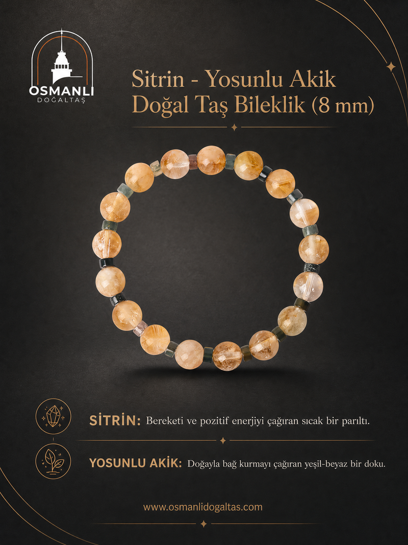 Sitrin - Yosunlu Akik Doğal Taş Bileklik (8 mm)