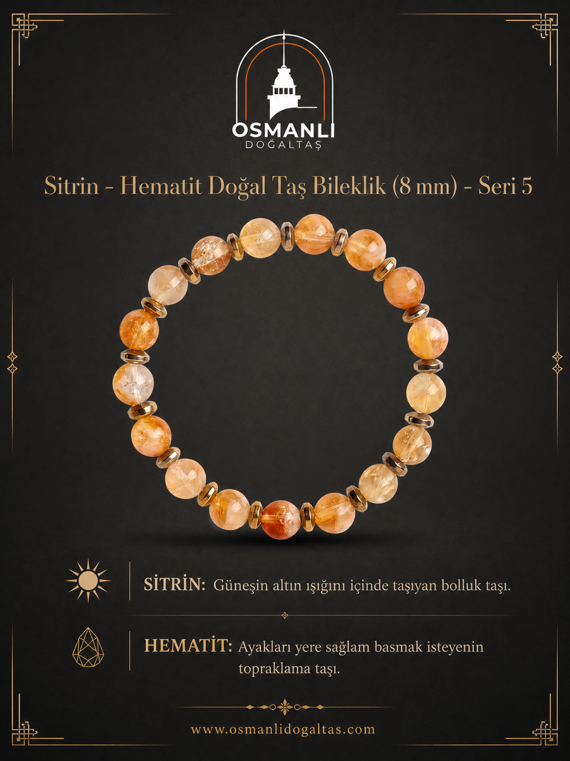 Sitrin - Hematit Doğal Taş Bileklik (8 mm) - Seri 5