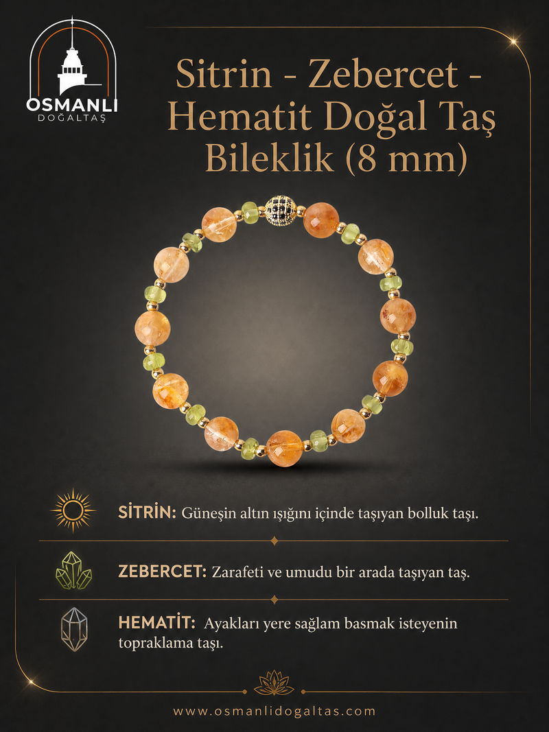 Sitrin - Zebercet - Hematit Doğal Taş Bileklik (8 mm)