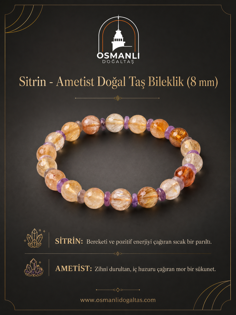 Sitrin - Ametist Doğal Taş Bileklik (8 mm)