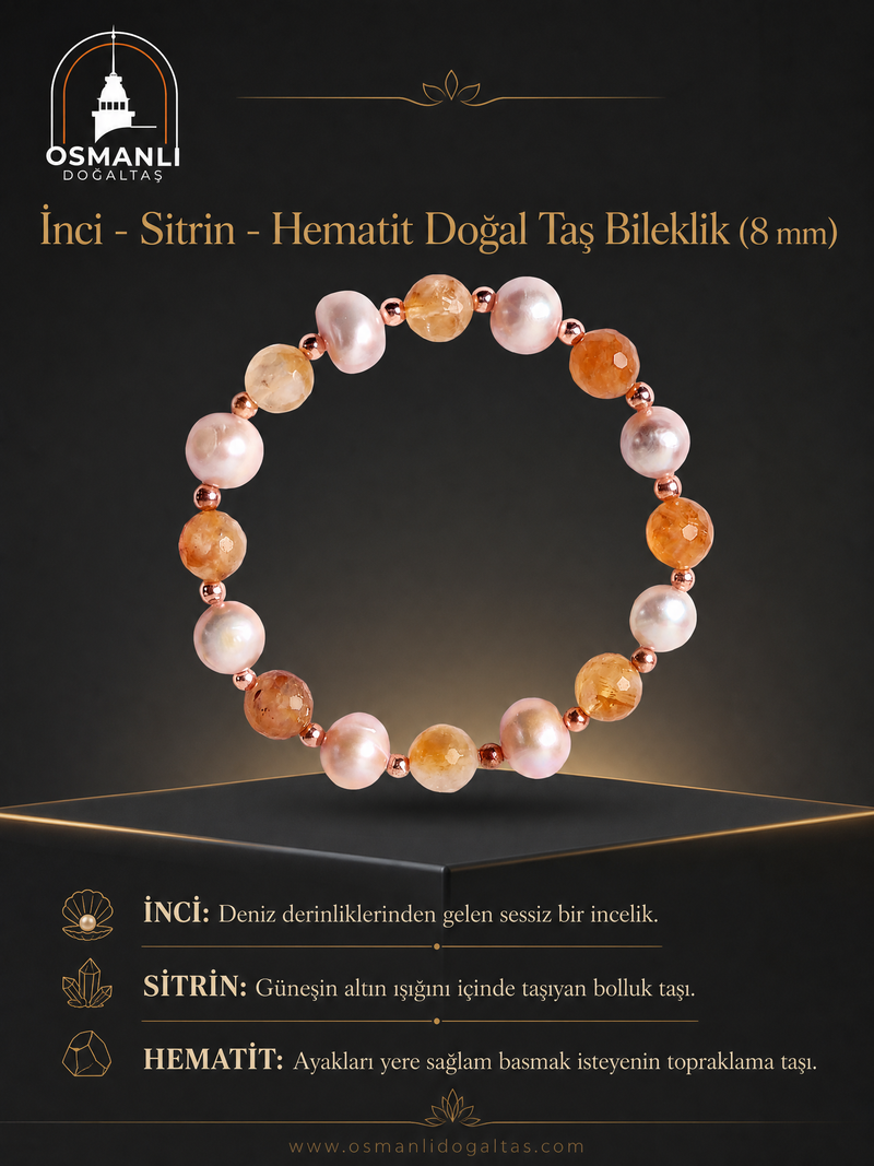 İnci - Sitrin - Hematit Doğal Taş Bileklik (8 mm)