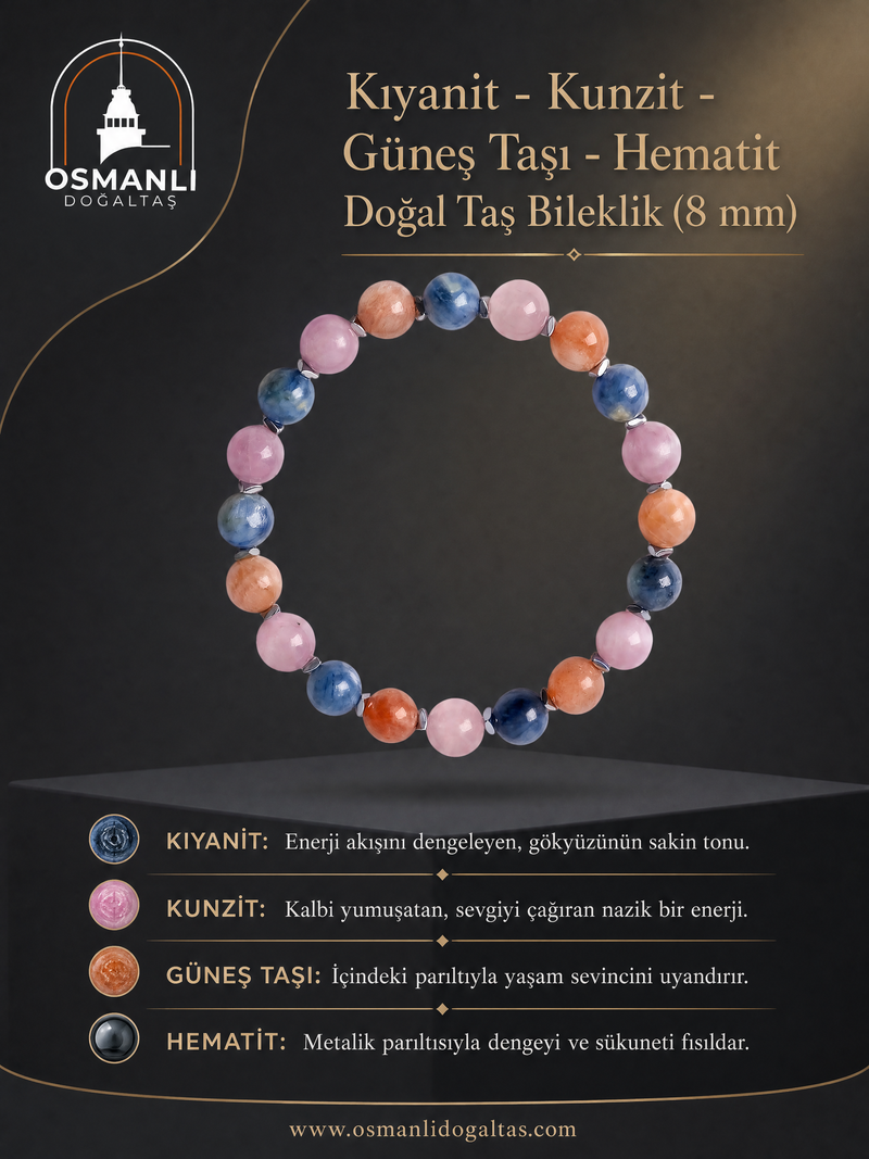 Kıyanit - Kunzit - Güneş Taşı - Hematit Doğal Taş Bileklik (8 mm)