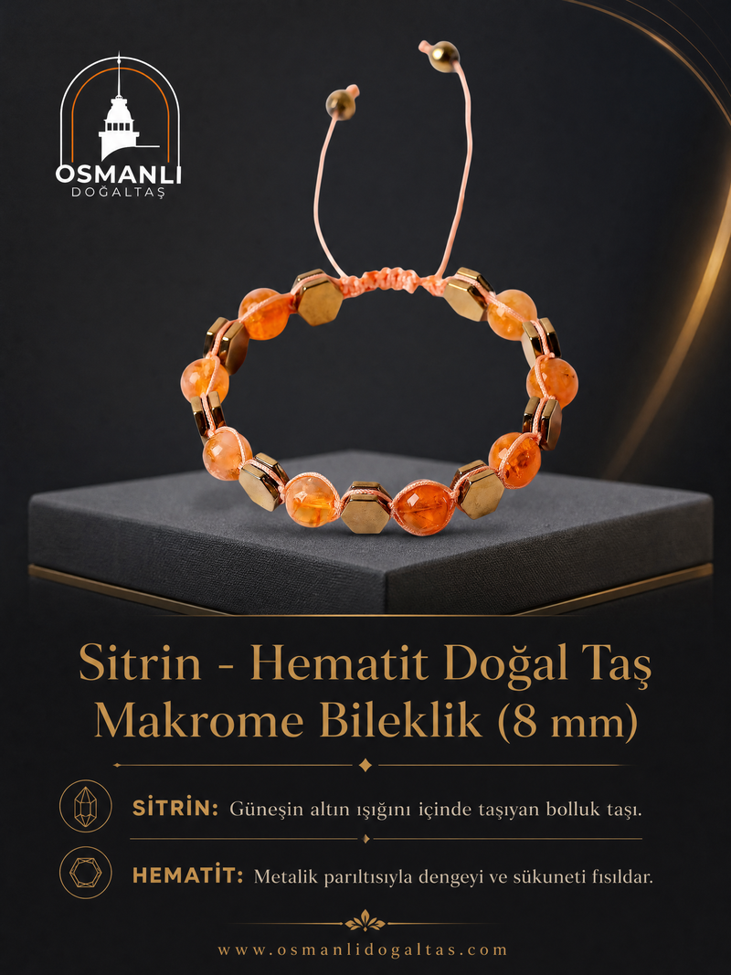Sitrin - Hematit Doğal Taş Makrome Bileklik (8 mm)