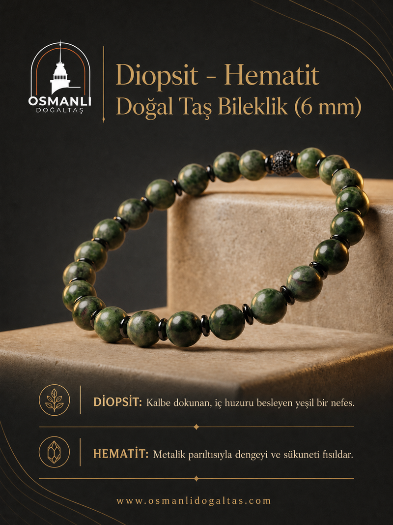 Diopsit - Hematit Doğal Taş Bileklik (6 mm)