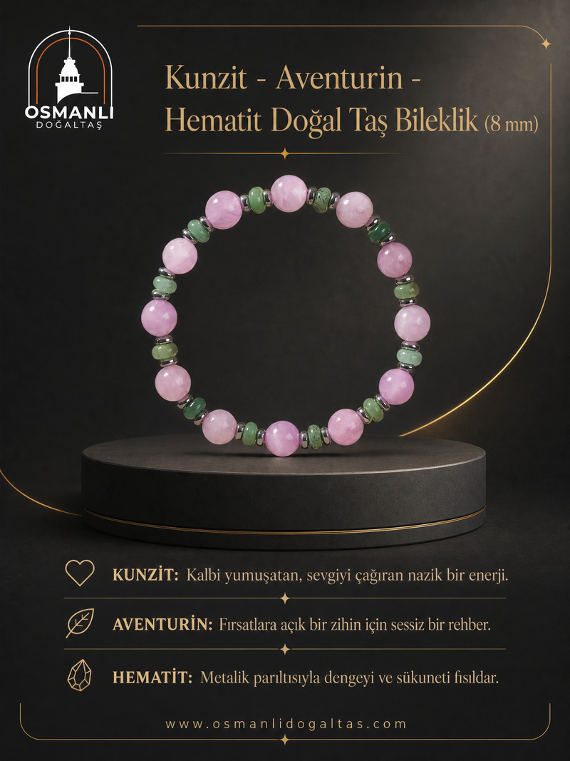 Kunzit - Aventurin - Hematit Doğal Taş Bileklik (8 mm)