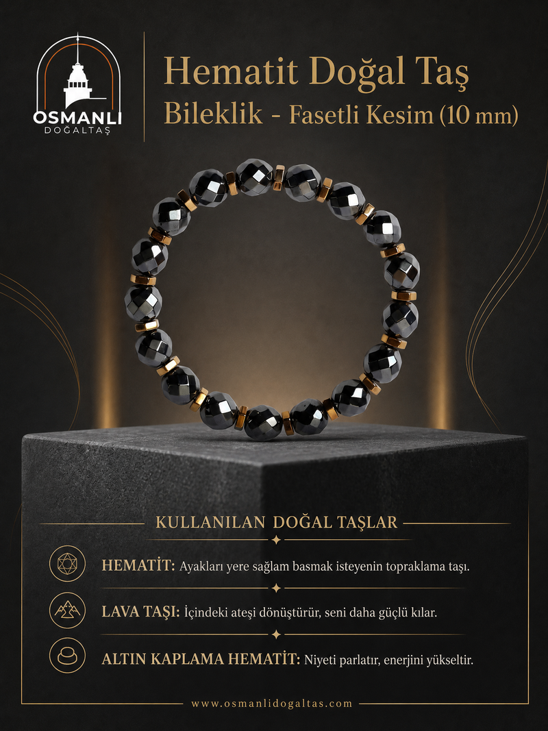 Hematit Doğal Taş Bileklik - Fasetli Kesim (10 mm)