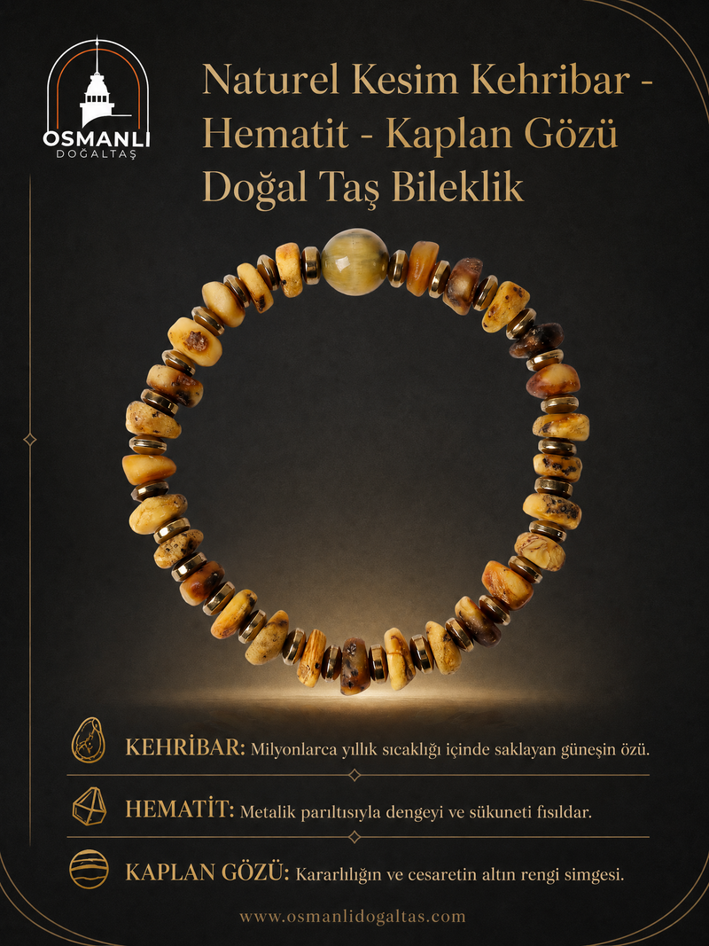 Naturel Kesim Kehribar - Hematit - Kaplan Gözü Doğal Taş Bileklik