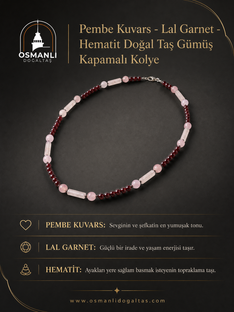 Pembe Kuvars - Lal Garnet - Hematit Doğal Taş Gümüş Kapamalı Kolye