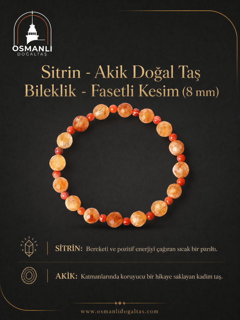 Sitrin - Akik Doğal Taş Bileklik - Fasetli Kesim (8 mm)