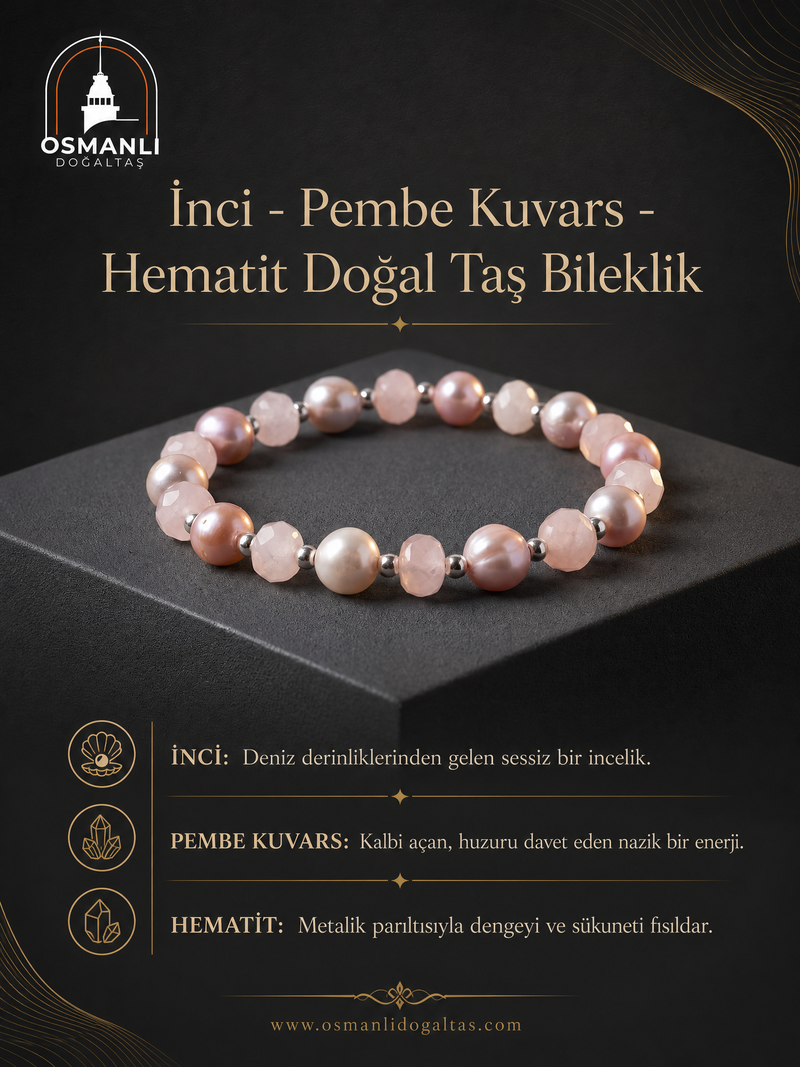 İnci - Pembe Kuvars - Hematit Doğal Taş Bileklik