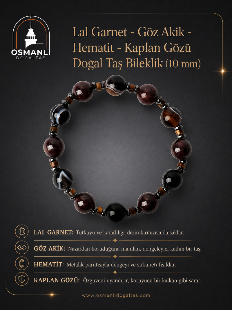 Lal Garnet - Göz Akik - Hematit - Kaplan Gözü Doğal Taş Bileklik (10 mm)