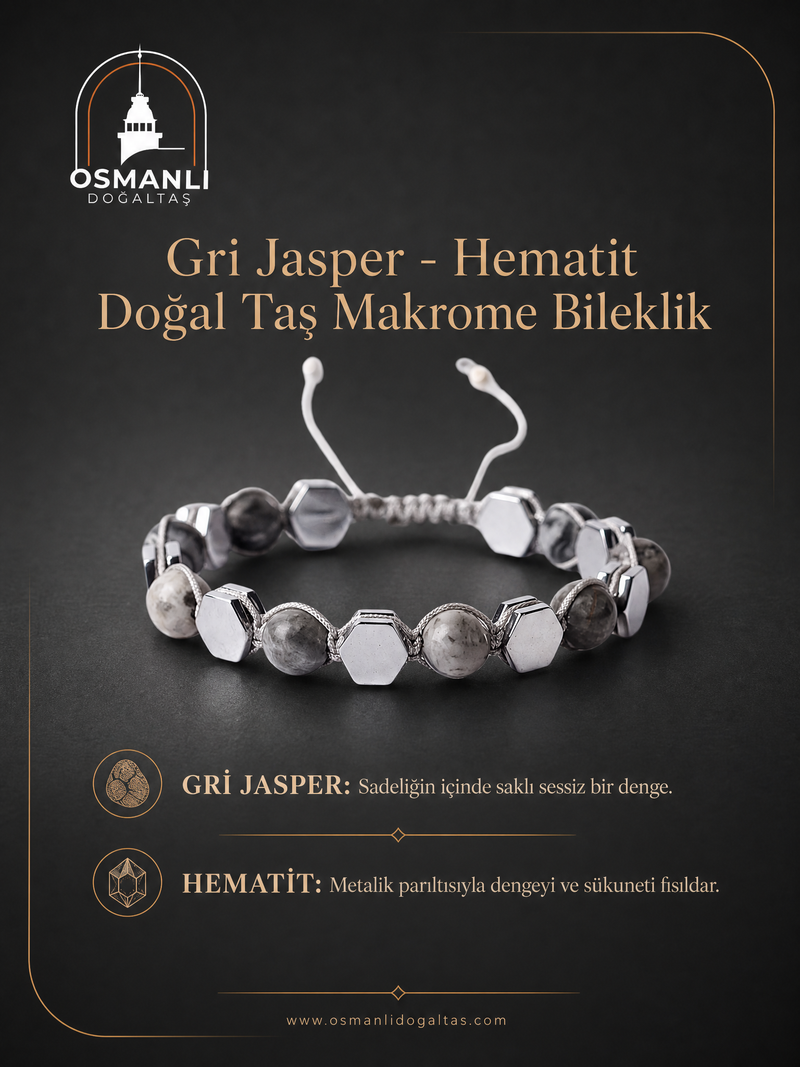 Gri Jasper - Hematit Doğal Taş Makrome Bileklik