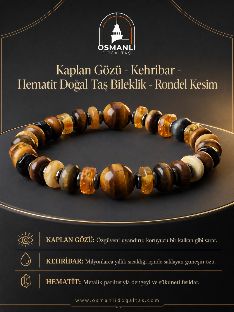 Kaplan Gözü - Kehribar - Hematit Doğal Taş Bileklik - Rondel Kesim