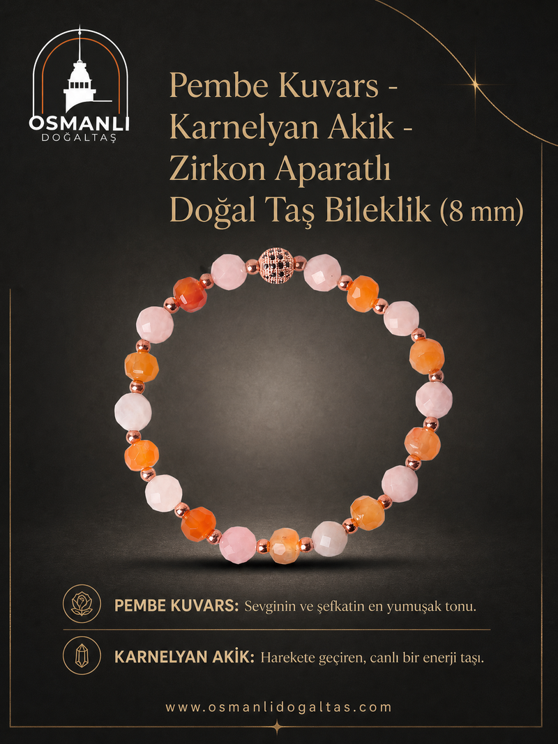 Pembe Kuvars - Karnelyan Akik - Zirkon Aparatlı Doğal Taş Bileklik (8 mm)