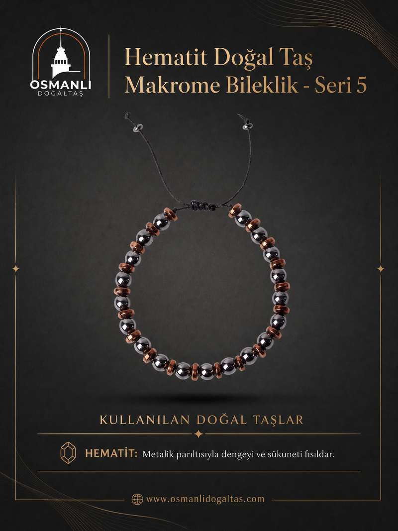 Hematit Doğal Taş Makrome Bileklik - Seri 5
