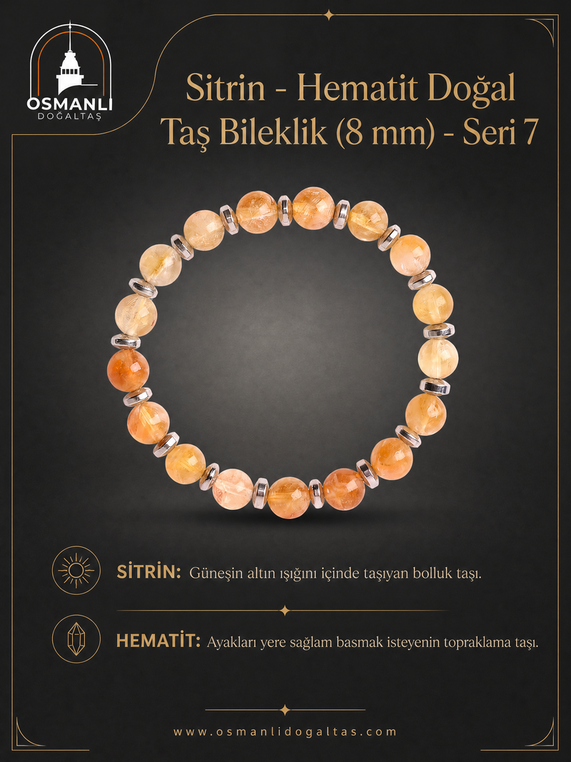 Sitrin - Hematit Doğal Taş Bileklik (8 mm) - Seri 7