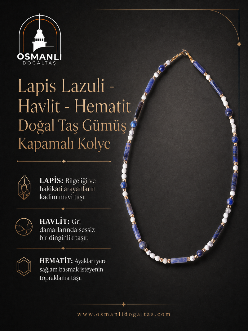 Lapis Lazuli - Havlit - Hematit Doğal Taş Gümüş Kapamalı Kolye