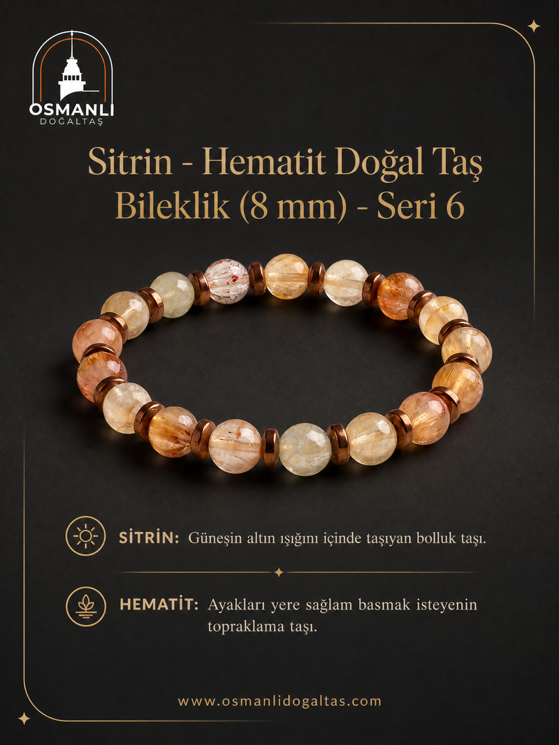 Sitrin - Hematit Doğal Taş Bileklik (8 mm) - Seri 6