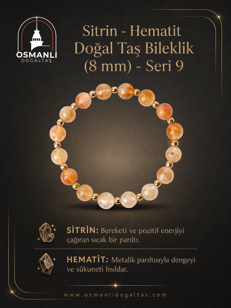Sitrin - Hematit Doğal Taş Bileklik (8 mm) - Seri 9