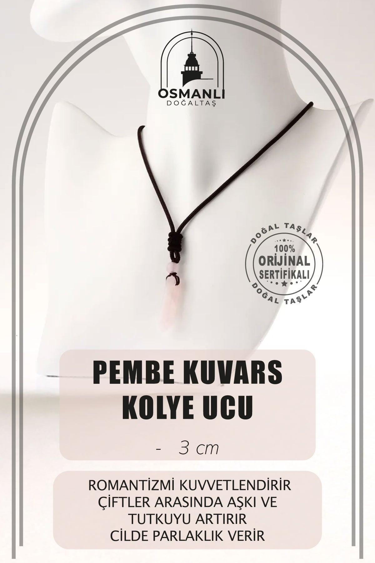 Pembe Kuvars Doğal Taş Kolye Ucu 3cm