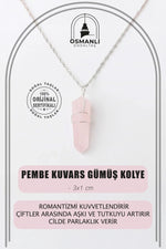Pembe Kuvars Doğal Taş Kolye Ucu 3x1 cm, Gümüş Zincir