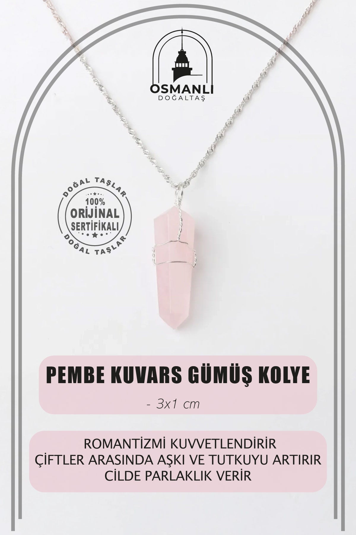 Pembe Kuvars Doğal Taş Kolye Ucu 3x1 cm, Gümüş Zincir