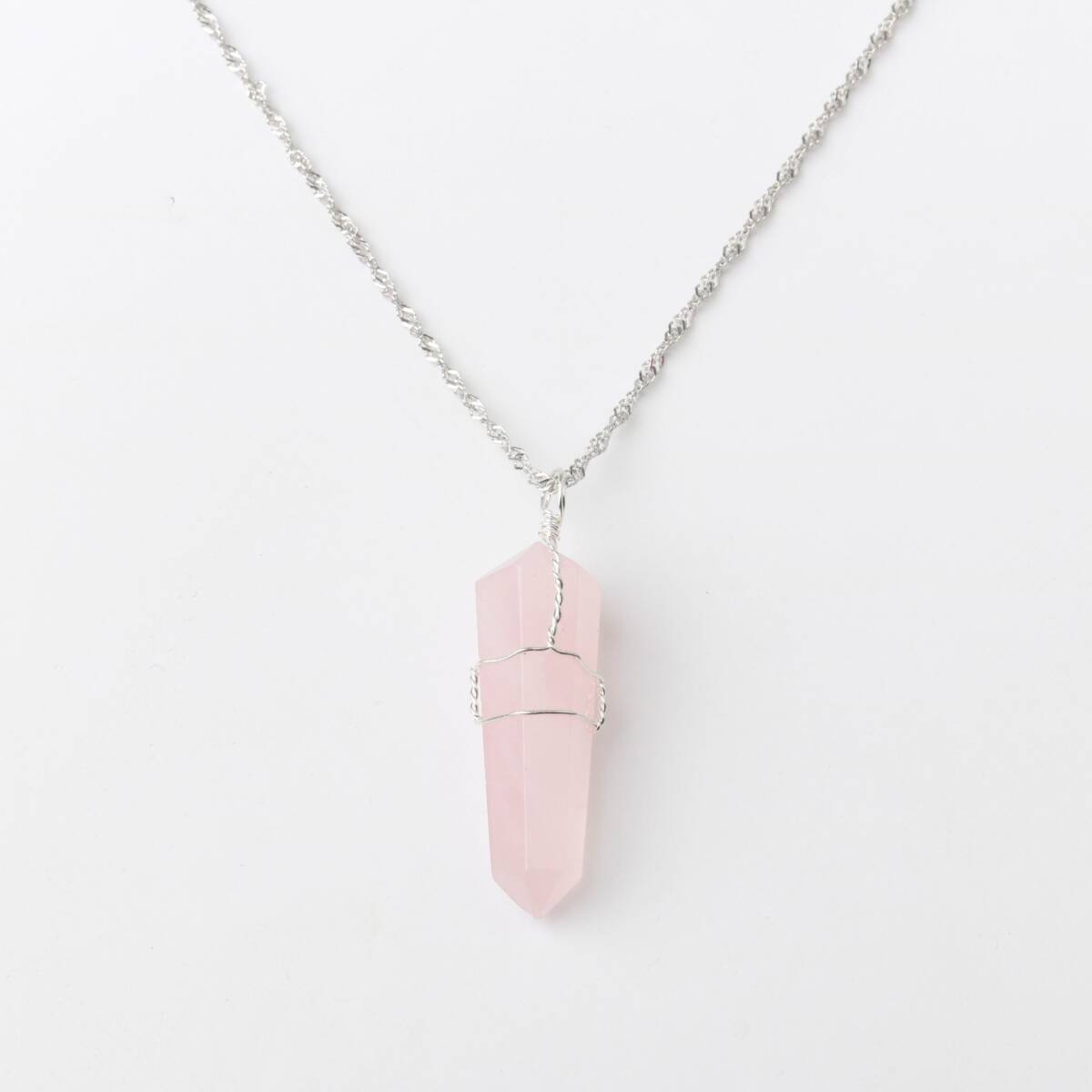 Pembe Kuvars Doğal Taş Kolye Ucu 3x1 cm, Gümüş Zincir