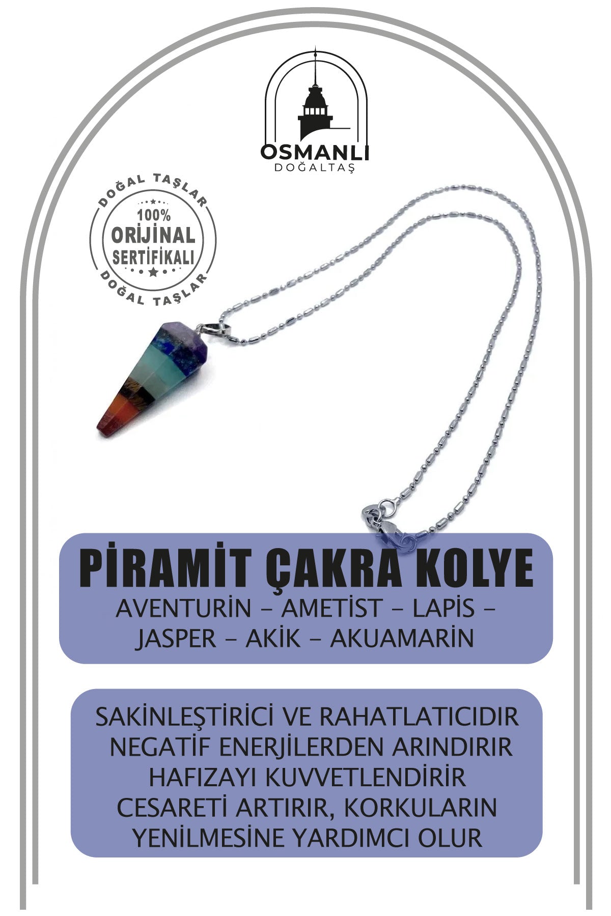 Piramit Çakra Doğal Taş Kolye Ucu Aventurin Ametist Lapis Jasper Akik Akuamarin (Çelik Zincir İle)